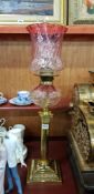 BRASS CORINTHIAN PILLAR OIL LAMP RUBY SHADE