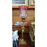 BRASS CORINTHIAN PILLAR OIL LAMP RUBY SHADE