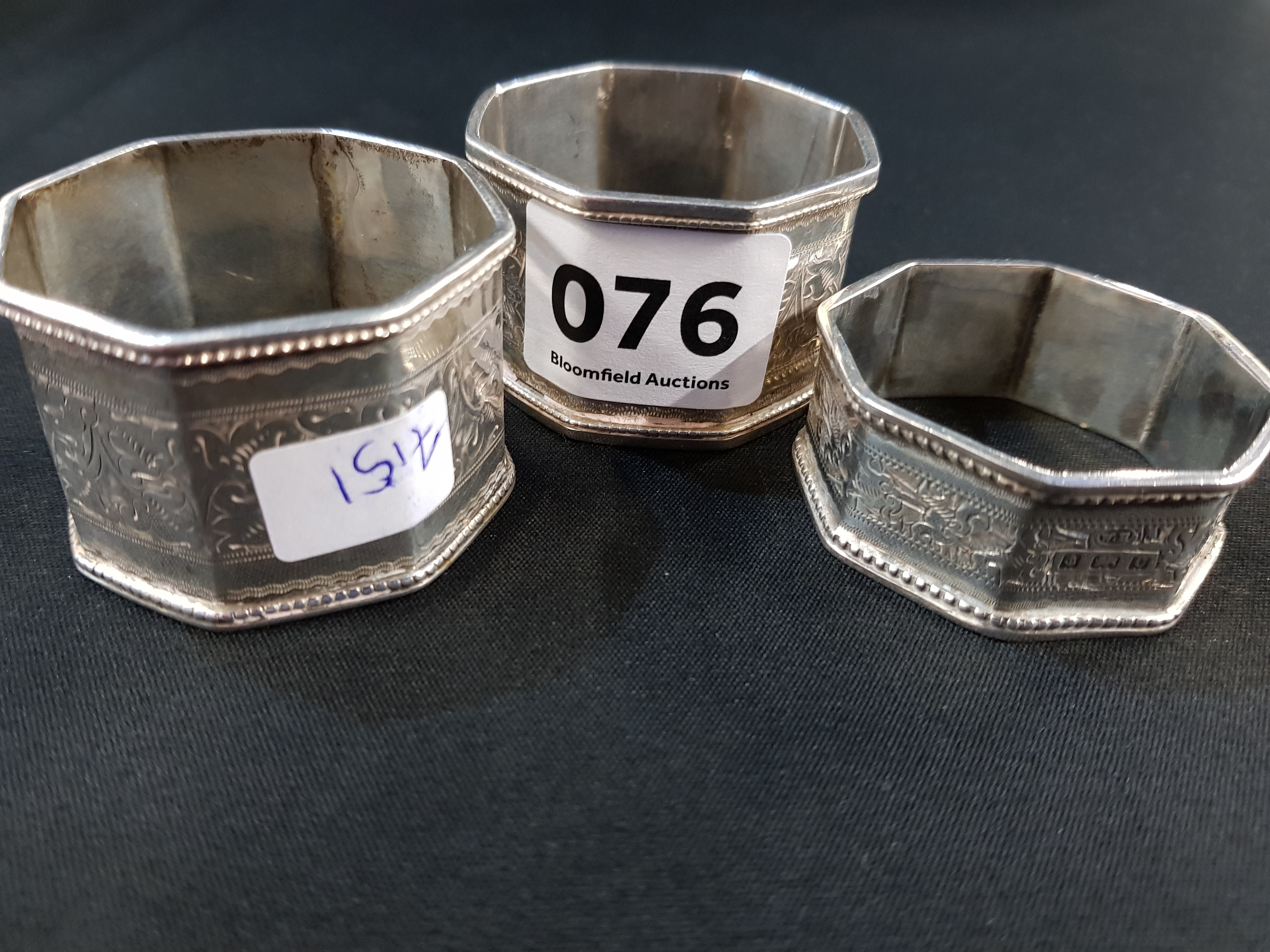 3 ANNTIQUE SOLID SILVER NAPKIN RINGS 78G