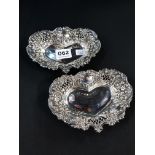 PAIR OF ANTIQUE SILVER HEART SHAPED BON BON DISHES 85G