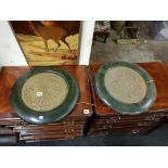 PAIR OF BRASS AND WOOD ART DECO PLAQUES