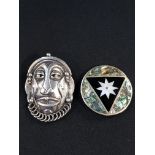 SILVER MOTHER OF PEARL AND SILVER MASK BROOCHES