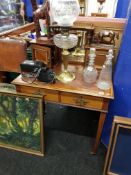 EDWARDIAN INLAID 2 DRAWER WRITING DESK WITH BRASS GALLERY TOP