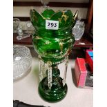 ANTIQUE GREEN LUSTRE VASE WITH GLASS DROPS