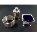 SILVER PEPPERETTE, SILVER SALT AND SILVER NAPKIN RING
