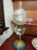 VICTORIAN BRASS AND CLEAR GLASS OIL LAMP