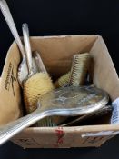 BOX OF ANTIQUE SILVER DRESSING TABLE ITEMS