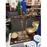 VICTORIAN BRASS HALF PEAR SHAPED SHOP SCALES WITH 19 BRASS WEIGHTS