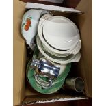 BOX LOT OF CHINA & TANKARDS ETC