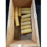 MILITARY WOODEN AMMUNITION CRATE AND 10X 1960/70'S PLASTIC BATON ROUNDS