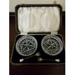 CASED SET OF CUT GLASS BOWLS WITH SILVER & MOTHER OF PEARL HANDLED FORKS