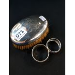 2 SILVER NAPKIN RINGS AND SILVER BRUSH