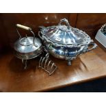 LARGE EPNS TUREEN, SPIRIT KETTLE & TOAST RACK