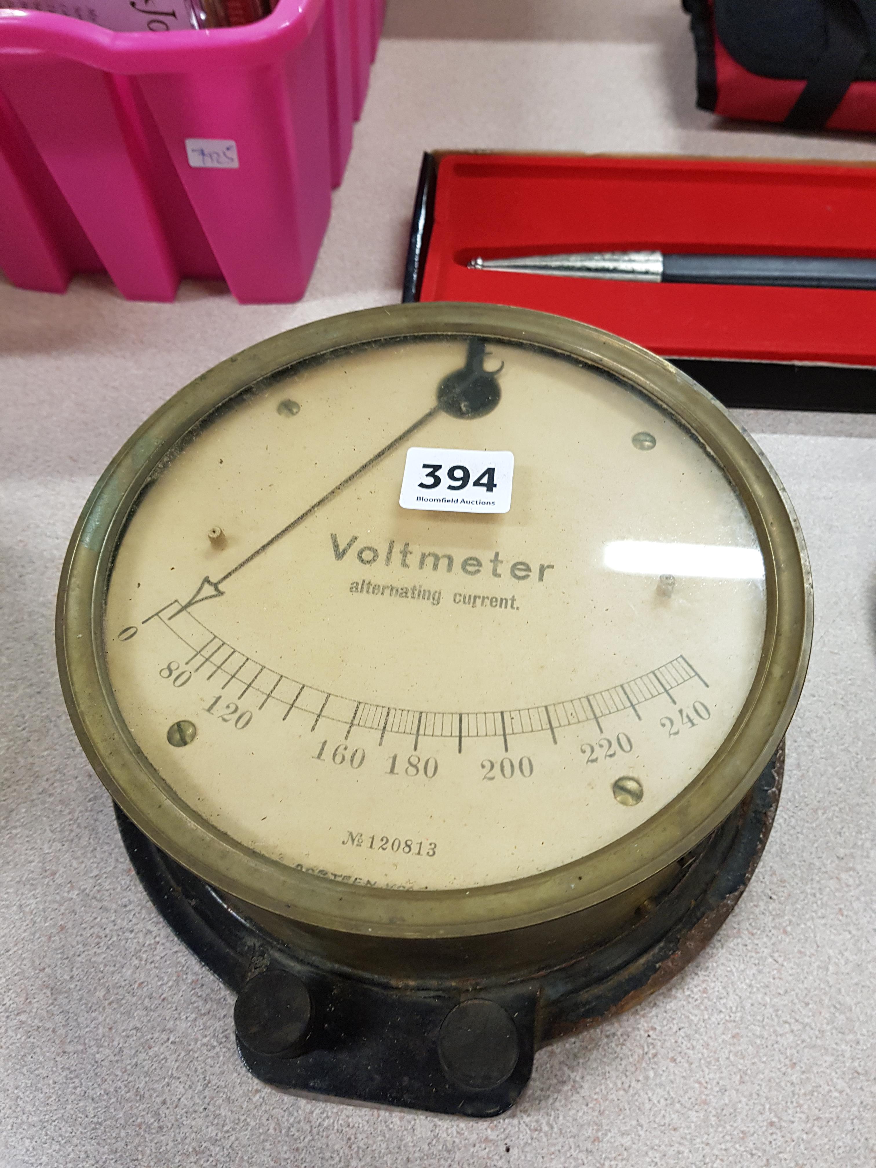 LARGE ANTIQUE BRASS VOLT METER