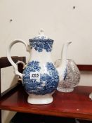 2 BLUE AND WHITE TEAPOTS AND TYRONE CRYSTAL VASE