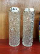 MATCHING PAIR OF CUT GLASS VASES WITH SILVER RIMS