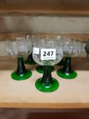 SET OF 6 FRENCH VINTAGE LUMINARCE ETCHED WINE GLASSED WITH UNUSUAL GREEN BEEHIVE STEMS