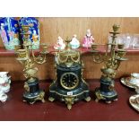 ORNATE MARBLE & BRONZE CLOCK SET WITH 4 BRANCH CANDELABRA ON EACH URN, KEY & ORGINAL SNUFFER