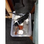 BOX LOT TO INC GLASSWARE, AYNSLEY & MILITARY BELTS ETC