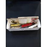 BOX OF ANTIQUE POCKET/PEN KNIVES, POSTCARDS, BOYS BRIGADE BADGES & MILITARIA