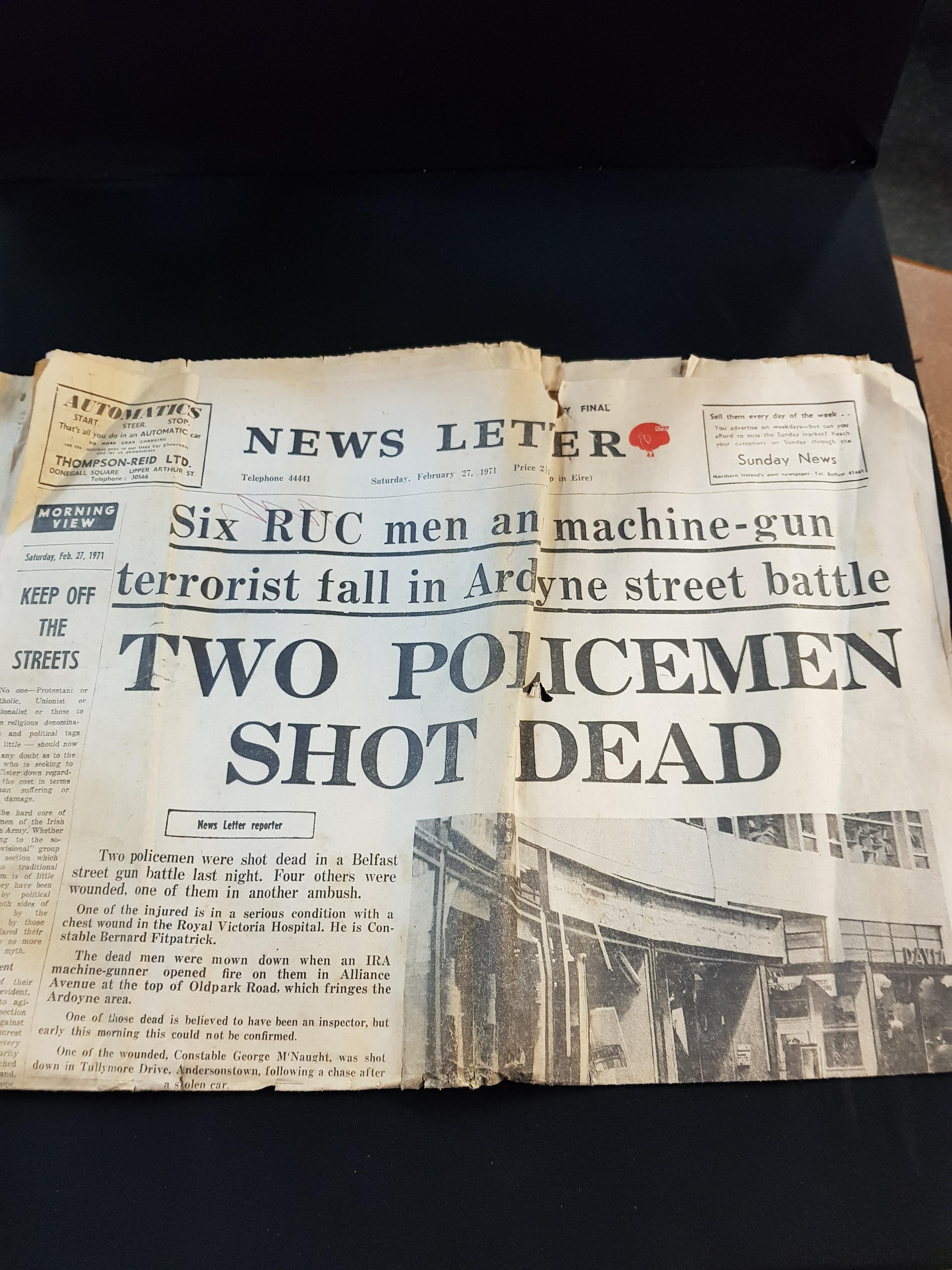 OLD NEWSPAPER - HEADLINE - TWO POLICEMEN SHOT DEAD