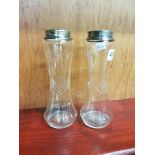 PAIR OF TALL ANTIQUE ETCHED VASES WITH SILVER RIMS