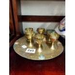 ASIAN BRASS TRAY AND 6 GOBLETS