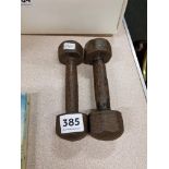 2 EARLY CAST IRON DUMBELLS
