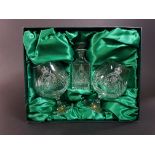 BEAUTIFULLY BOXED PRESENTATION BELFAST CRYSTAL PAIR OF BRANDY GLASSES AND SMALL DECANTER