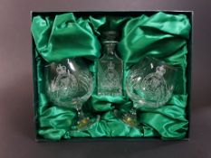 BEAUTIFULLY BOXED PRESENTATION BELFAST CRYSTAL PAIR OF BRANDY GLASSES AND SMALL DECANTER