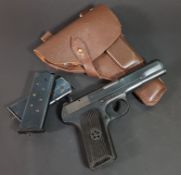 DEACTIVATED 1940'S RUSSIAN TOKAREV TT-33 SEMI AUTOMATIC PISTOL #2857 AND HOLSTER WITH SPARE