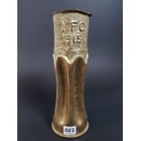 WW1 BRITISH 18 POUNDER 1916 TRENCH ART SHELL VASE WITH PINCHED DECORATION AND EMBOSSED LETTERING :