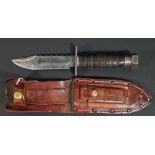 VIETNAM ERA AMERICAN UNITED STATES AIRFORCE PILOTS SURVIVAL FIGHTING KNIFE AND LEATHER SHEATH AND