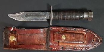 VIETNAM ERA AMERICAN UNITED STATES AIRFORCE PILOTS SURVIVAL FIGHTING KNIFE AND LEATHER SHEATH AND