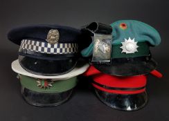 4 MILITARY & POLICE PEAKED CAPS TO INC A ROYAL IRISH RANGERS PARADE BELT