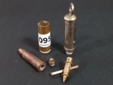 WW1 TRENCH ART BULLET SWEETHEART BROOCH, PILL BOX, SHELL CASING AND BRITISH ARMY WHISTLE BY J HUDSON