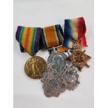 WORLD WAR 1 TRIO OF MEDALS TO 17-1389 PTE J MOFFITT R.IR.RIF & 2 ANTIQUE SILVER MEDALS