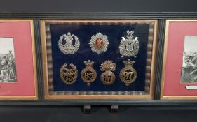 FRAMED SET OF VICTORIAN SCOTTISH AND IRISH GLENGARRY CAP BADGES TO INCLUDE QUEENS OWN CAMERON