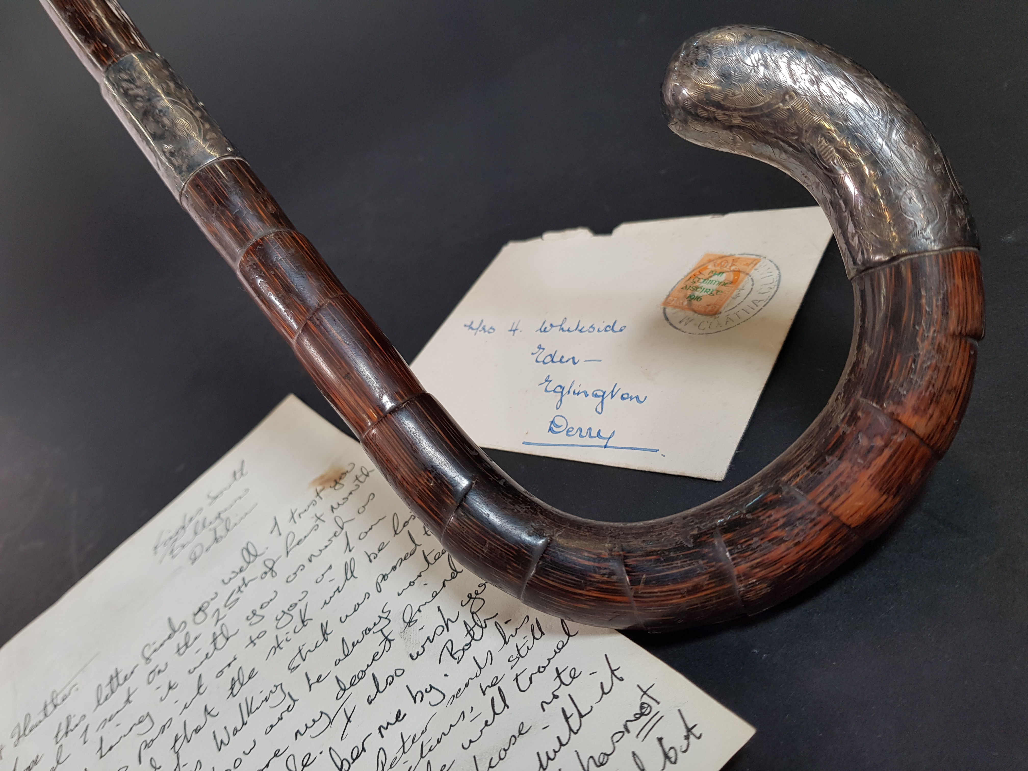 AN IMPORTANT SILVER MOUNTED WALKING CANE PREVIOUSLY BELONGING TO MICHAEL COLLINS