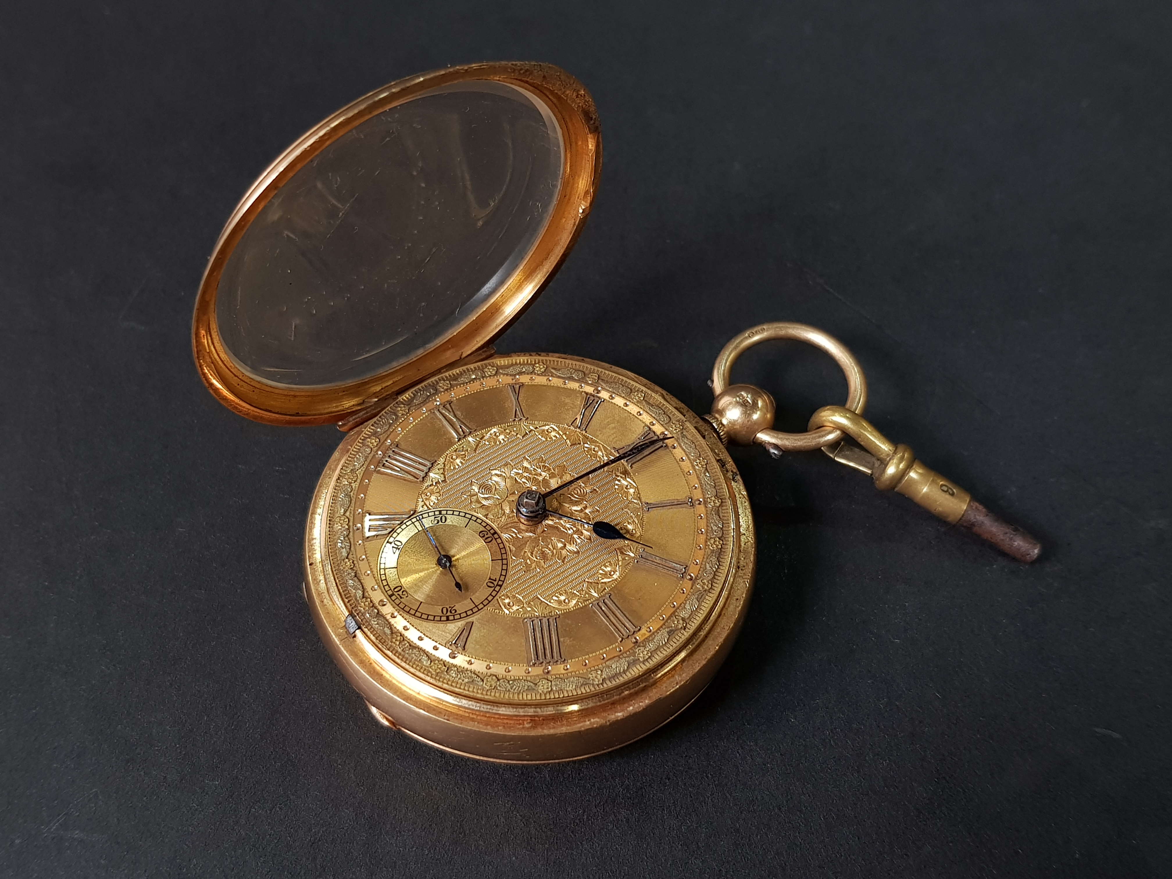 18 CARAT GOLD OPEN FACED POCKET WATCH IN WORKING ORDER WITH DIAMOND END STEM, FUSEE MOVEMENT,