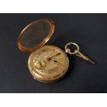 18 CARAT GOLD OPEN FACED POCKET WATCH IN WORKING ORDER WITH DIAMOND END STEM, FUSEE MOVEMENT,