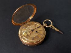 18 CARAT GOLD OPEN FACED POCKET WATCH IN WORKING ORDER WITH DIAMOND END STEM, FUSEE MOVEMENT,