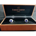 PAIR OF SAPPHIRE & DIAMOND EARRINGS IN 18 CARAT GOLD CLAW SURROUND. LARGE SAPPHIRE SOLITAIRE TO CE