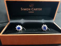 PAIR OF SAPPHIRE & DIAMOND EARRINGS IN 18 CARAT GOLD CLAW SURROUND. LARGE SAPPHIRE SOLITAIRE TO CE