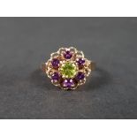 9CT GOLD PERIDOT AND AMETHYST RING 3.5G