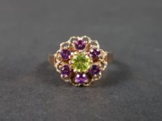 9CT GOLD PERIDOT AND AMETHYST RING 3.5G