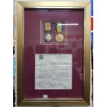 FRAMED WORLD WAR 1 PAIR OF MEDALS ACCOMPANIED WITH CITATION TO 291061 GUNNER S PARSONS RFA