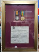 FRAMED WORLD WAR 1 PAIR OF MEDALS ACCOMPANIED WITH CITATION TO 291061 GUNNER S PARSONS RFA