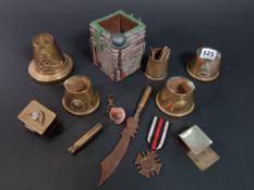 8 PIECES OF WW1 TRENCH ART 1914-18 MEDAL AND TRENCH PEN HOLDER