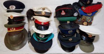 LARGE BOX OF MILITARY HATS, PEAKED CAPS AND HELMETS TO INCLUDE CORPS OF COMMISSIONERS, DRAGOON